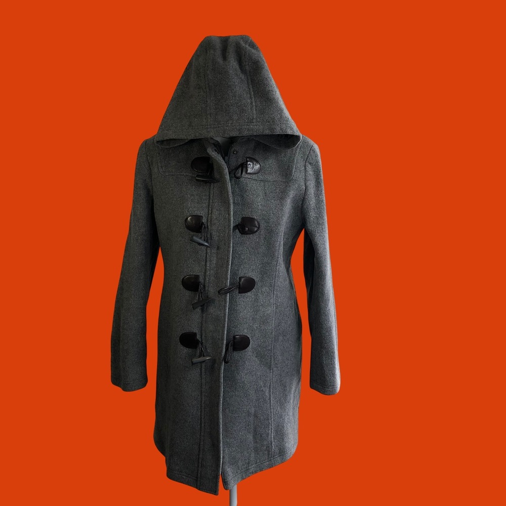 L.L. Bean Italian Wool Hooded Duffle Coat Grey Toggle Jacket Womens 8 Thinsulate